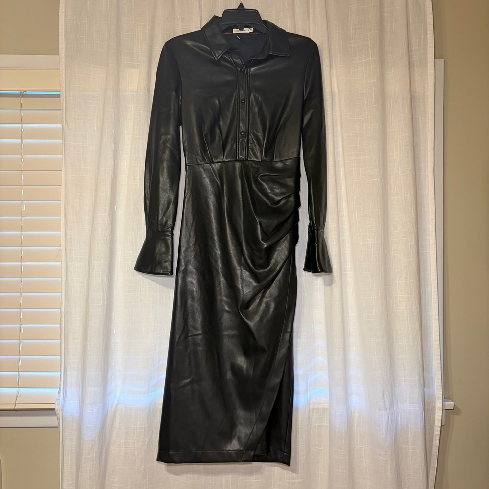 Avec Les Filles Dress Womens XS Black Faux Leather Ruched Midi Shirt Dress Long